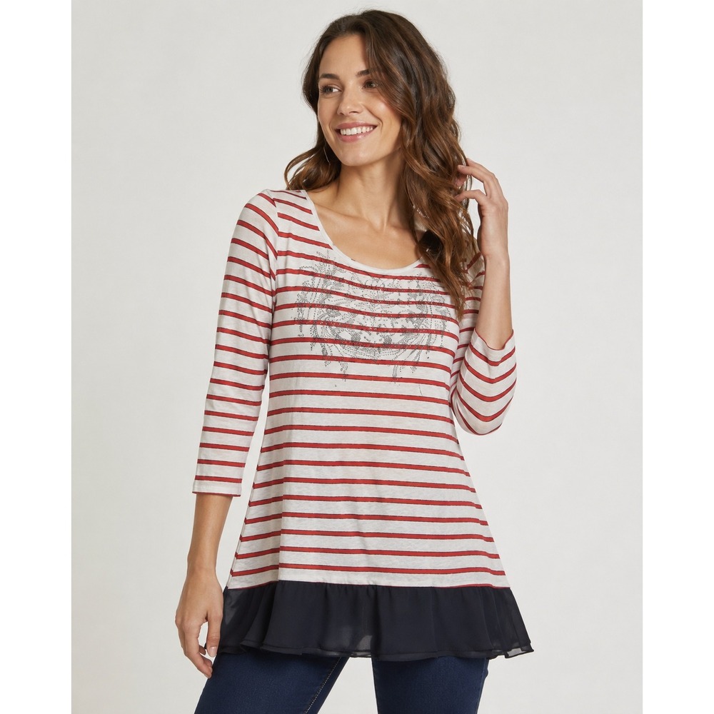 Cactus Tunic Top Women Small Red White Striped Rhinestone Chiffon Hem